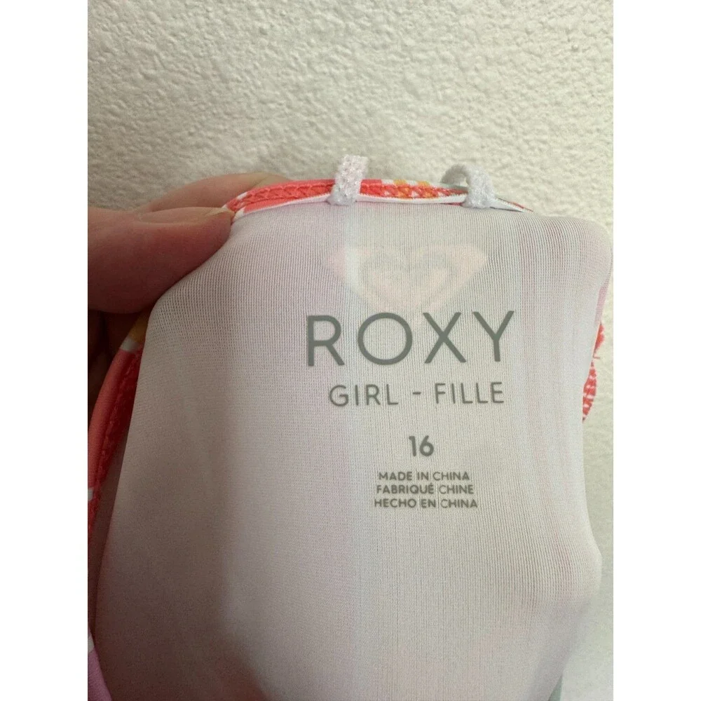 Roxy Girl Size 16 Cropped Striped Rashguard Sunkissed Coral Salty Sunset EUC